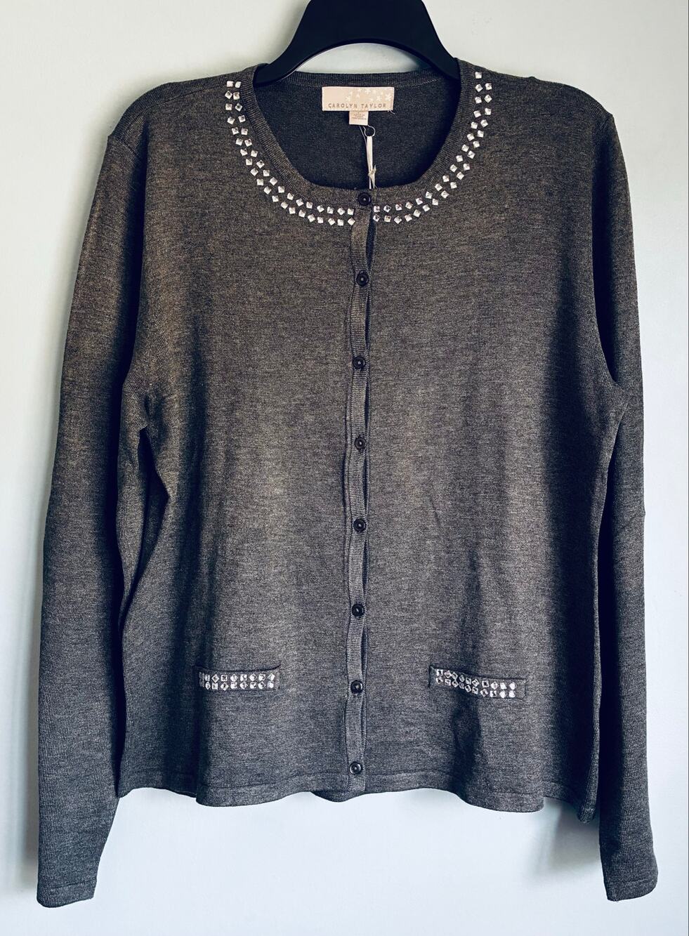 Carolyn Taylor Cardigan Gray Jeweled Preppy Button Large Pockets